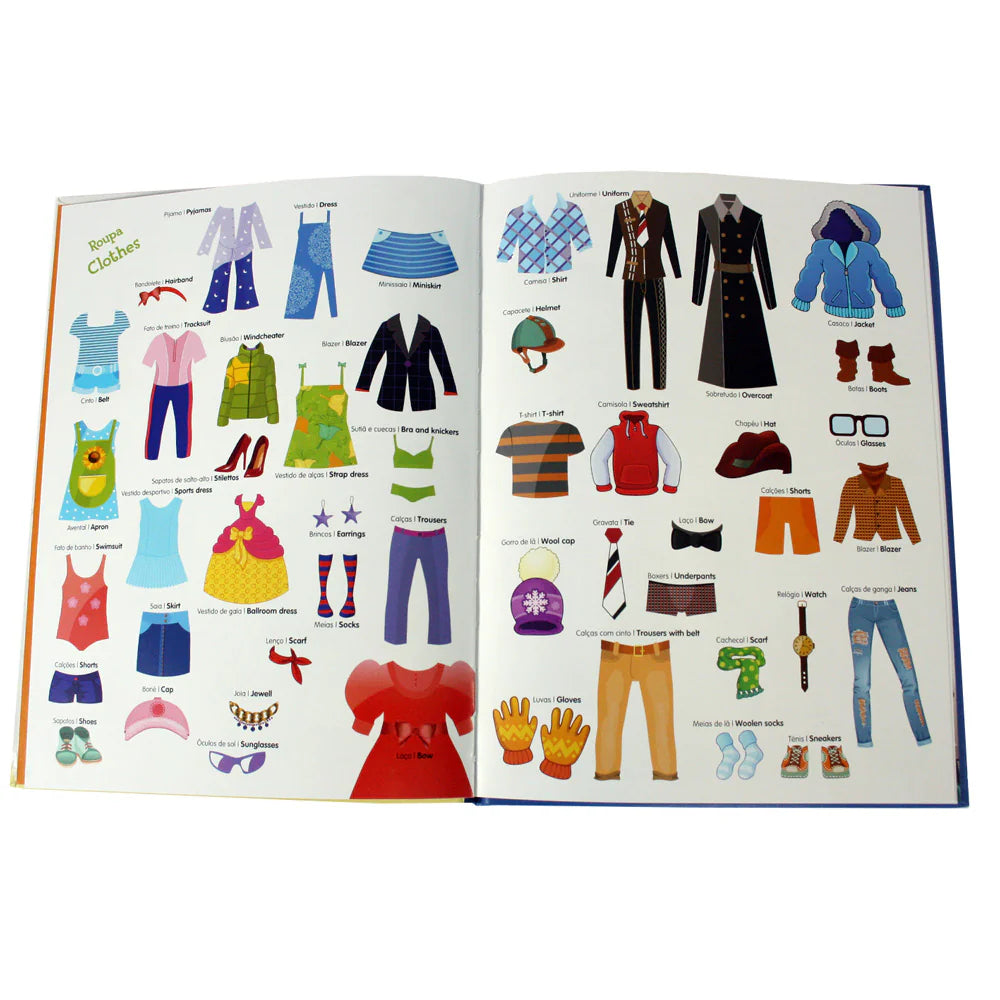 Bilingual Portuguese and English vocabulary book pages with themed words