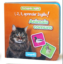 Four colorful children's board books arranged in a 2x2 grid, each featuring a different animal: a white dog, a brown cat, a black-and-white cow, and a tiger. The books have bright yellow, orange, green, and blue covers with Portuguese and English text and small inset animal photos.