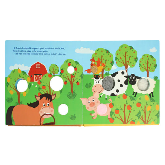 Let's Eat touch and feel sensory book pages in Portuguese