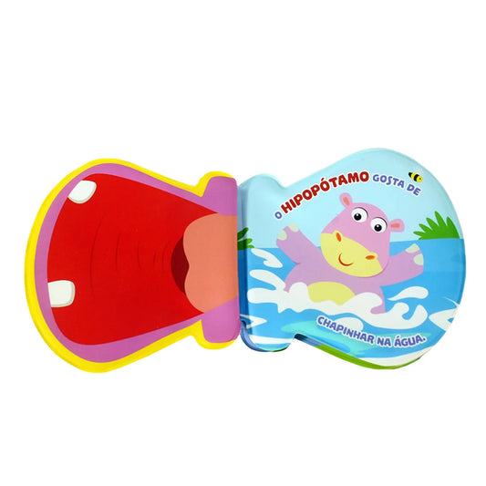 Children's book with a colorful hippo illustration on a white background