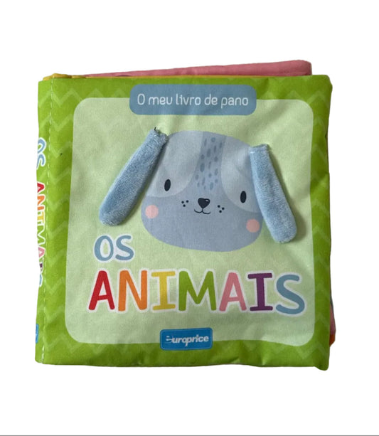 Children's book titled 'Os Animais' with a cartoon animal on a textured surface
