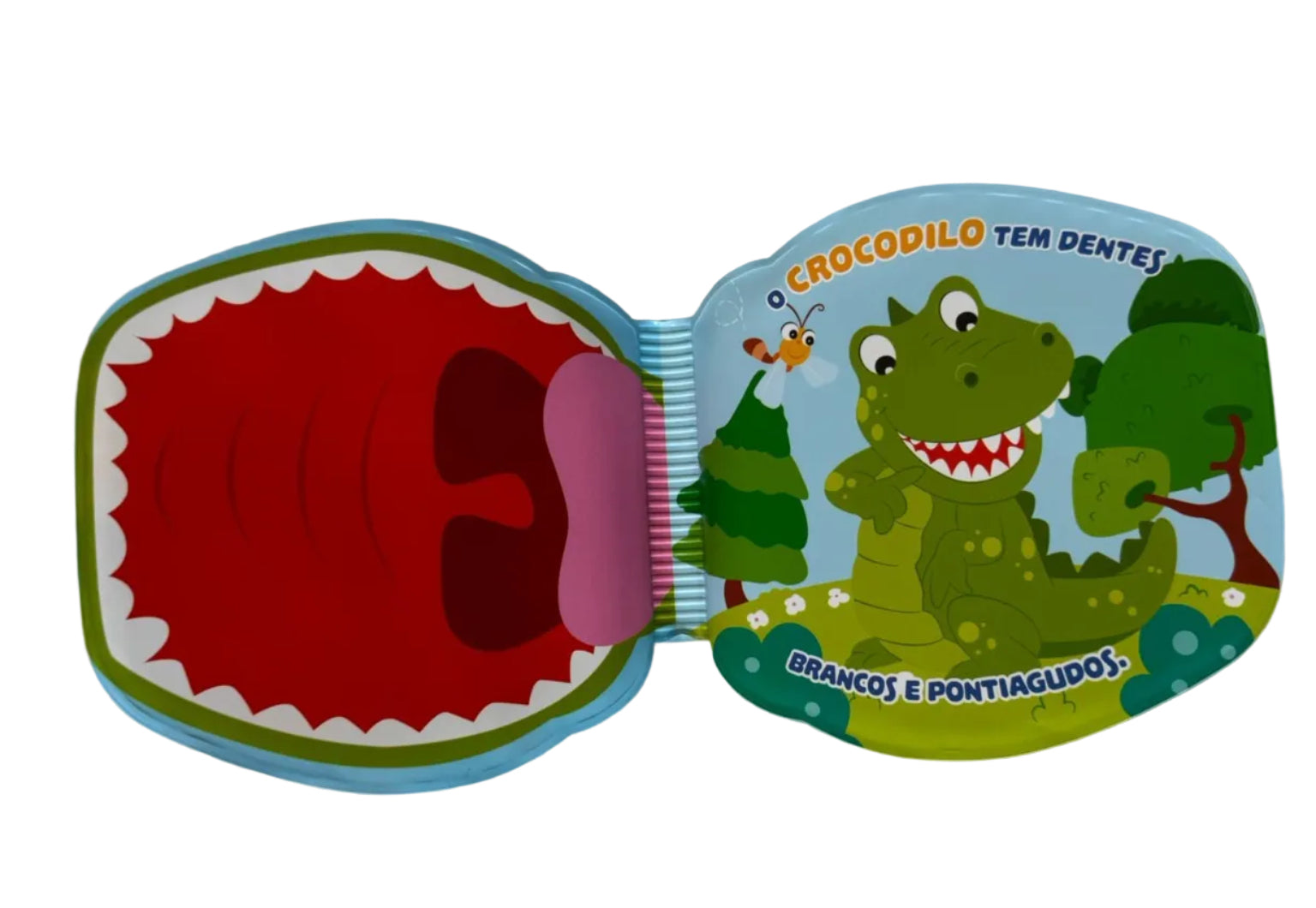 Children's book with a cartoon shark and dinosaur on a gray background