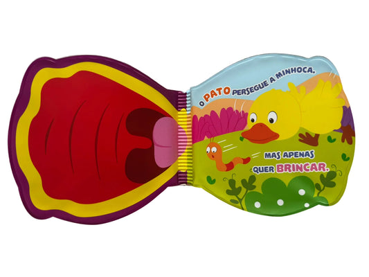 Colorful children's book with a duck and shell design on a textured fabric background