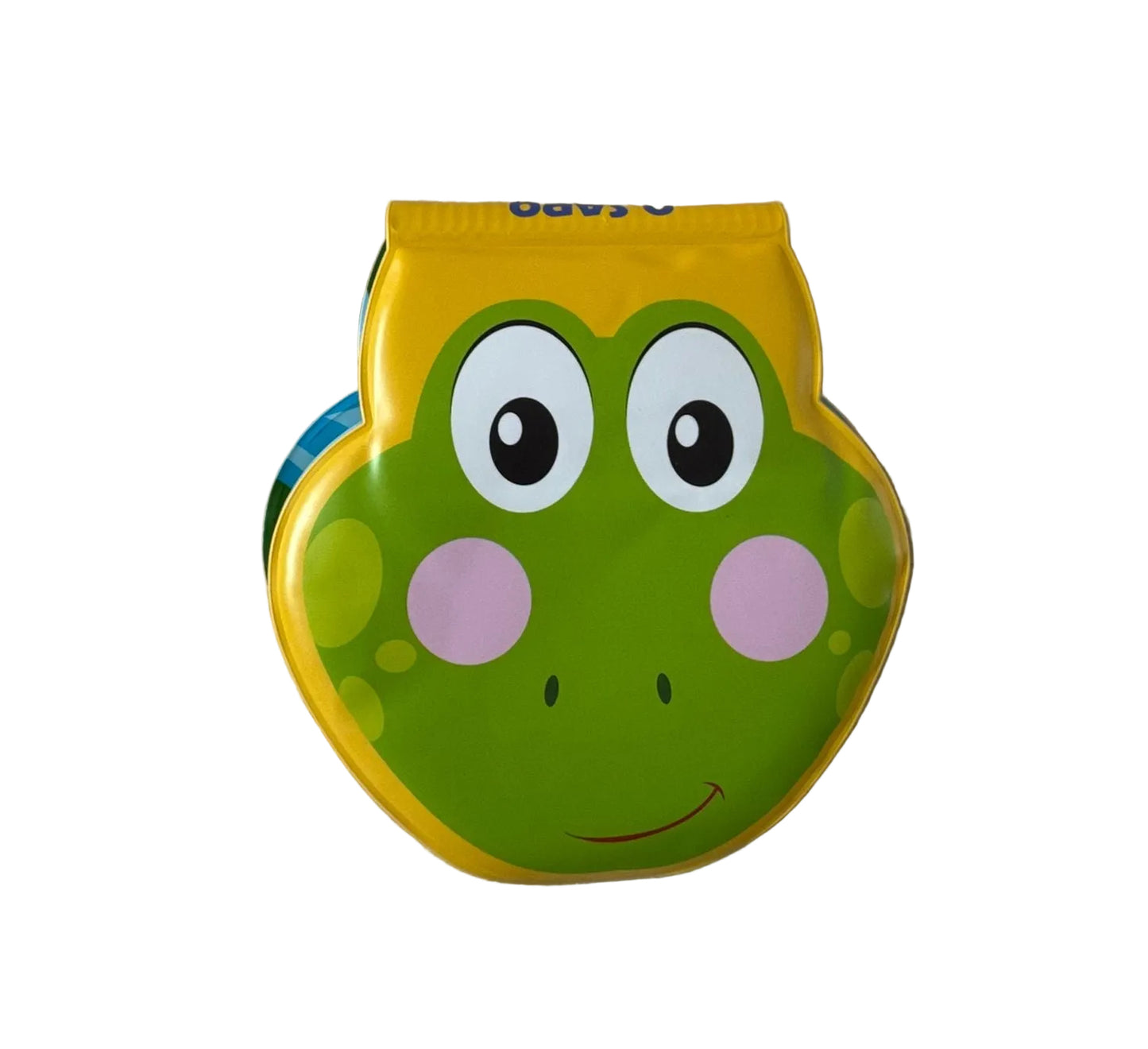 Small green toy with a frog design on a gray textured background