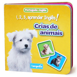 Four colorful children's board books arranged in a 2x2 grid, each featuring a different animal: a white dog, a brown cat, a black-and-white cow, and a tiger. The books have bright yellow, orange, green, and blue covers with Portuguese and English text and small inset animal photos.