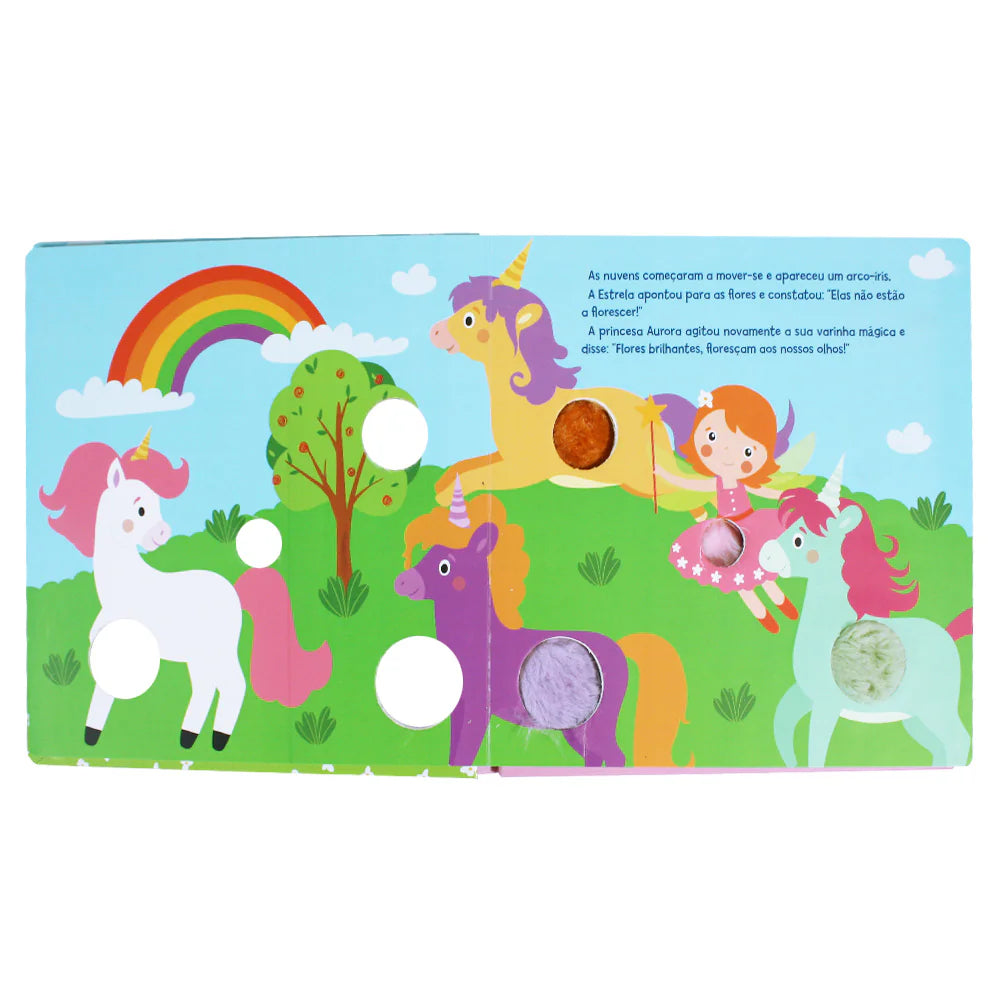 Let's Help touch and feel sensory book pages in Portuguese