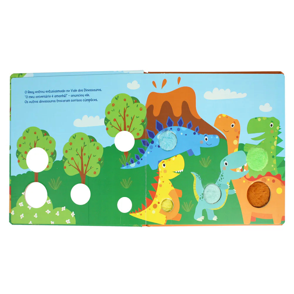 Let's Celebrate touch and feel sensory book pages in Portuguese