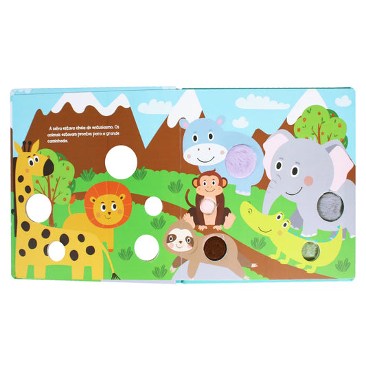 Let's Go Out touch and feel sensory book pages in Portuguese