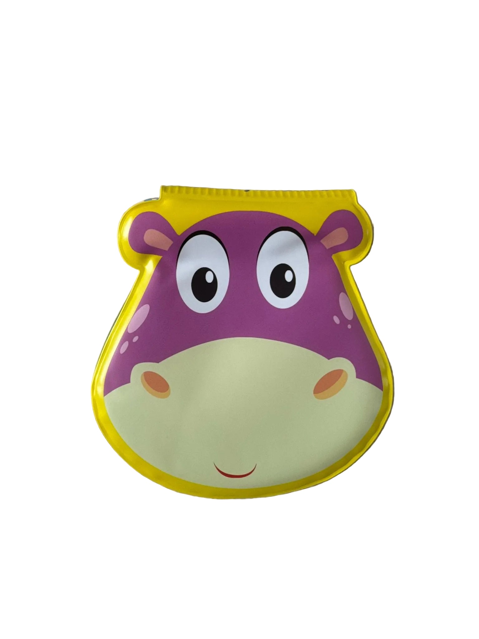 Children's toy with a purple and yellow hippo design on a textured gray background